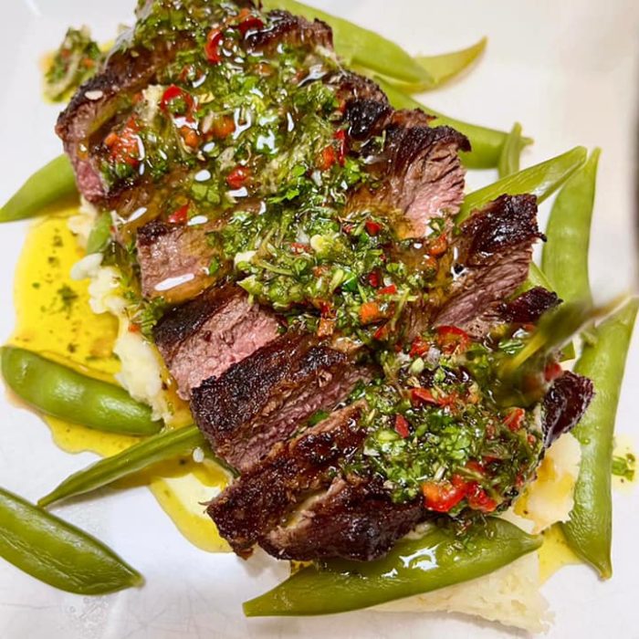 Flat Iron with green beans and Chimichurri